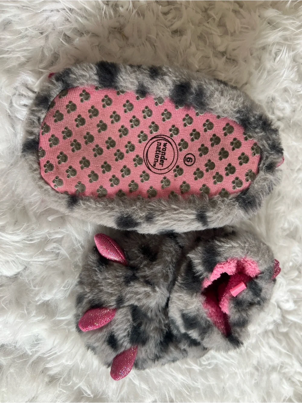wonder nation Grey Leopard Plush Slippers with Pink Accents